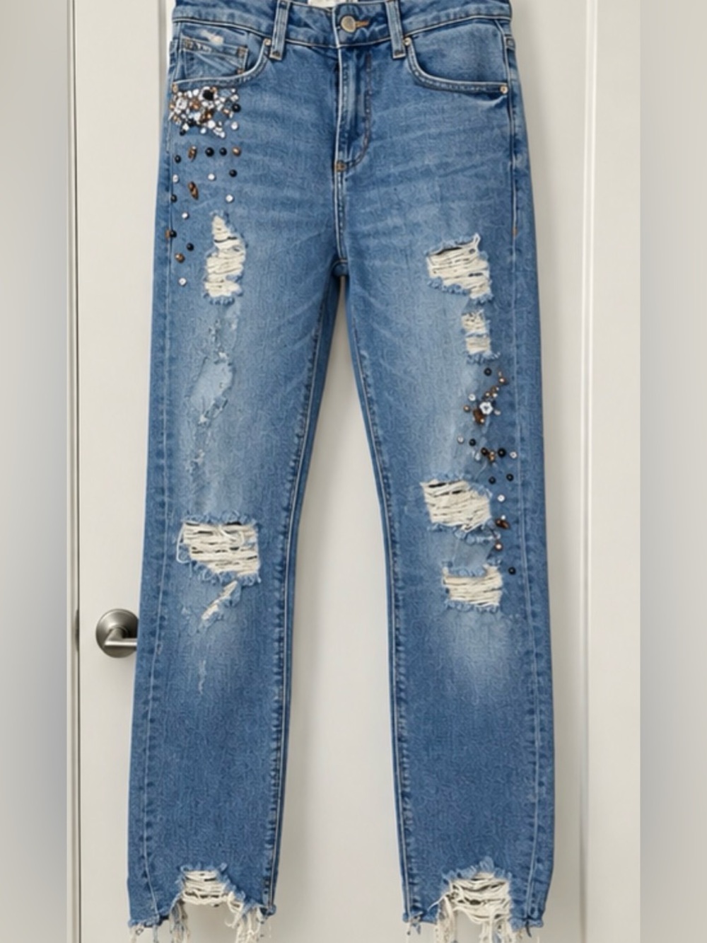 Zara Light Blue Distressed Skinny Jeans with Rhinestone Embellishments